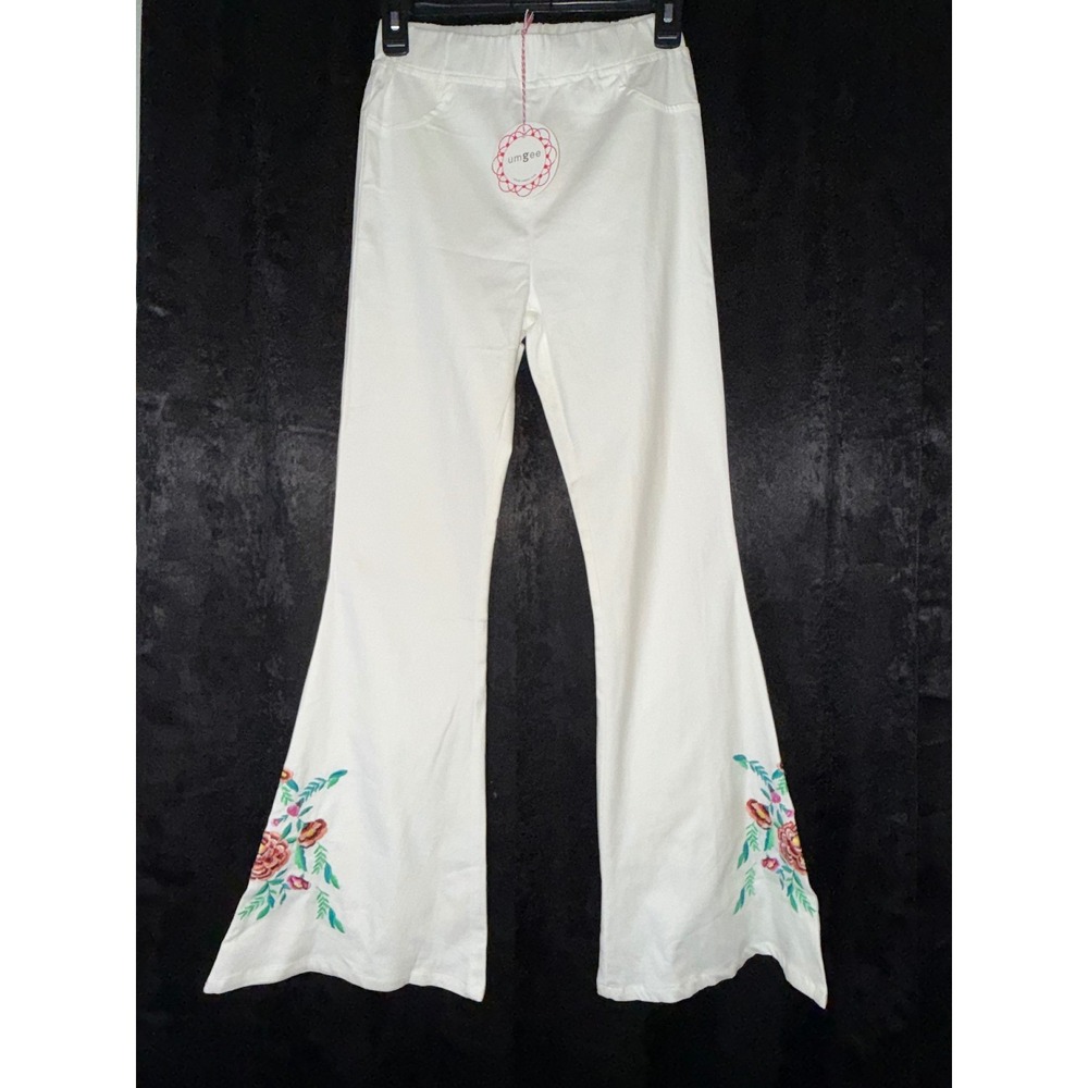 Umgee USA Womens White Floral Embroidered Flare Leg Pants Boho Retro R0131 Small